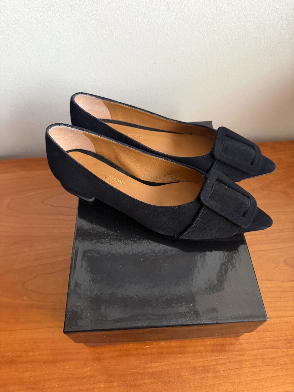 Betta Carrano black suede flats with leather soles. Never worn. Size 6 1/2.